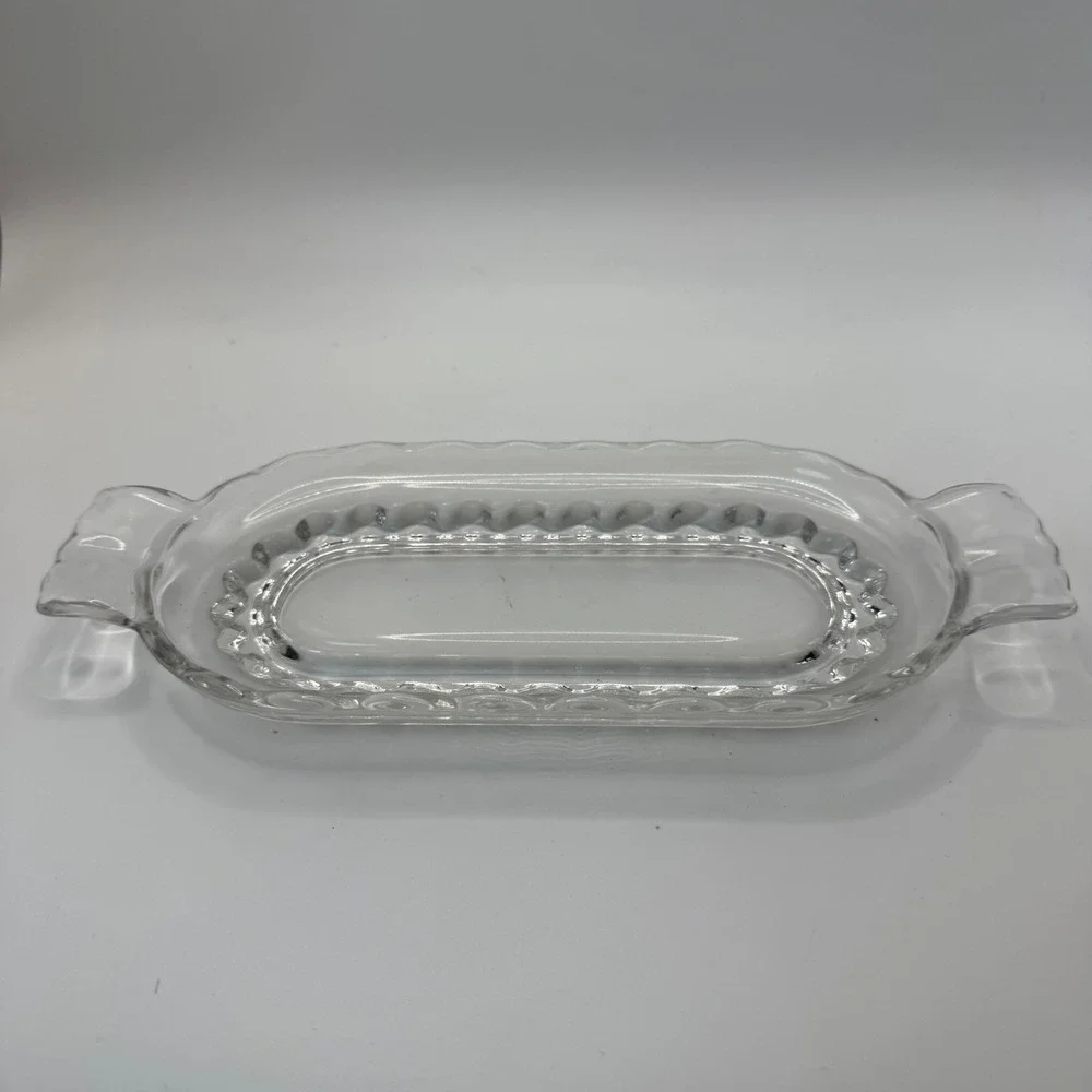 Vintage Clear Pressed Glass Relish Dish Scalloped Oval Serving Tray Tab Handles